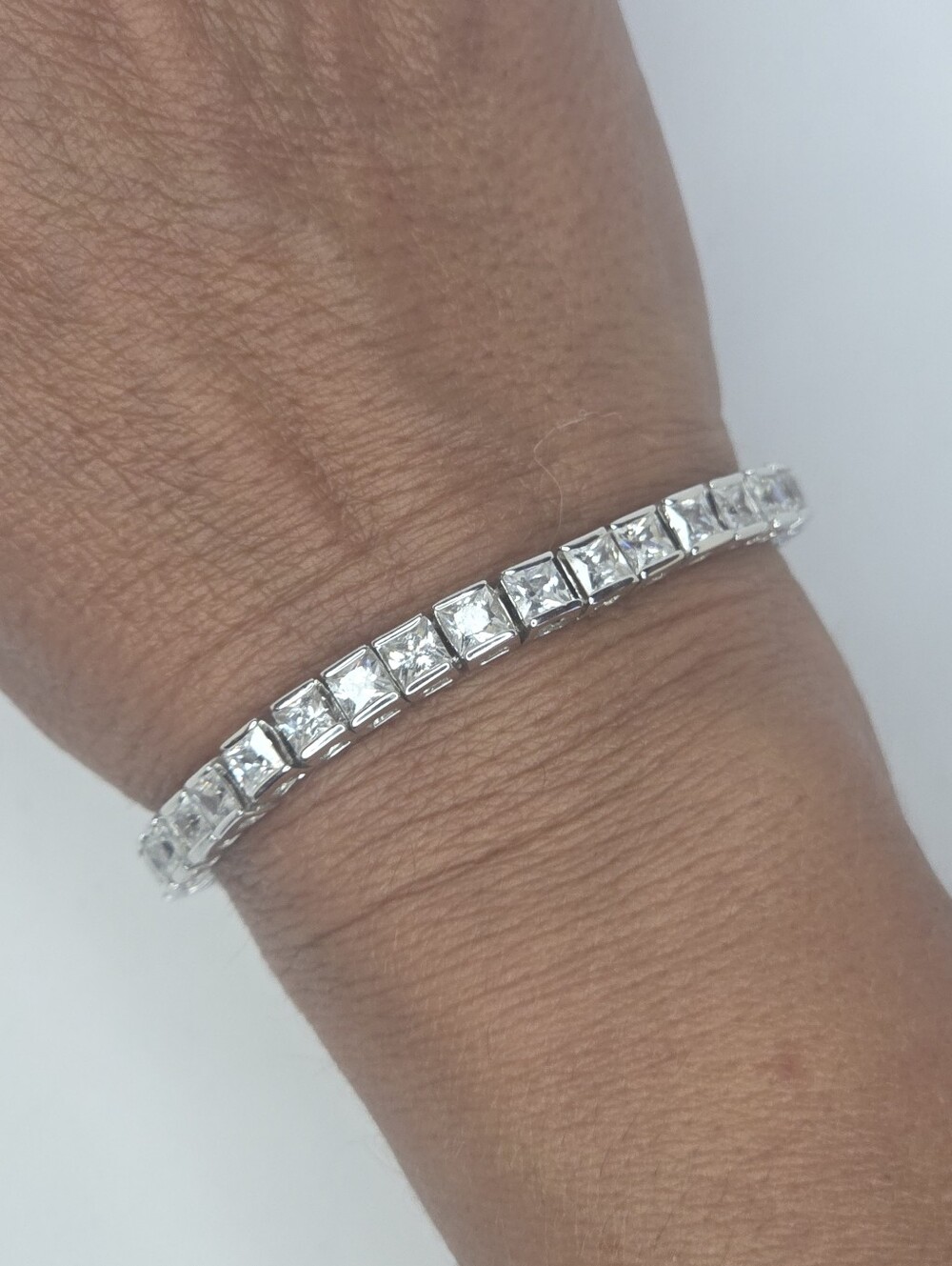 Faux Silver-Tone Tennis Bracelet with Square Clear Stones Costume Jewelry